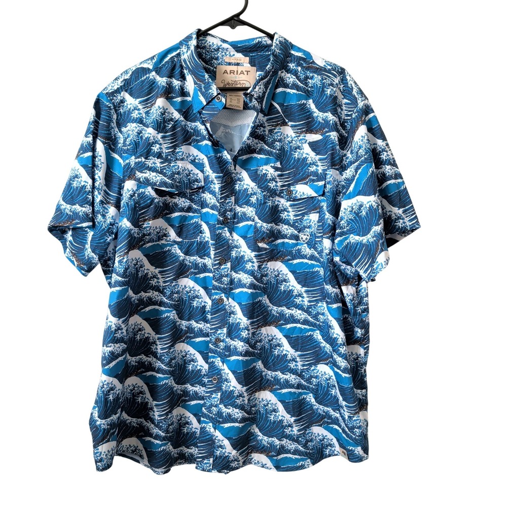 Ariat Western x Aloha Venttek Wave Shirt Mens XXL Blue White Vacation Beach